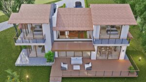 Render fachada posterior aérea 2_ Diseño casa campestre La Ladera