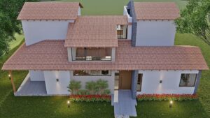 Render fachada principal aérea_ Diseño casa campestre La Ladera