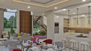 Render interior sala-comedor 3_ Diseño casa campestre Miraflores