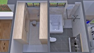 Render aéreo, interior segundo piso closet y baño_ Diseño casa campestre Miraflores
