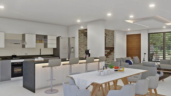 Render interior comedor y cocina_ Diseño casa campestre Los Almendros