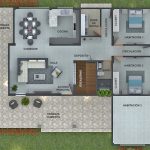 Render planta arquitectónica primer piso_ Diseño casa campestre Modelia