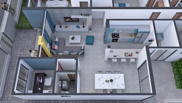 Render interior, perspectiva aérea 2_ Diseño casa moderna Los Rosales