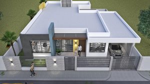 Render exterior aéreo_ Diseño casa moderna Los Rosales