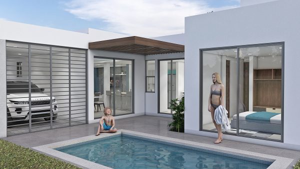 Render exterior zona húmeda_ Diseño casa moderna Los Rosales