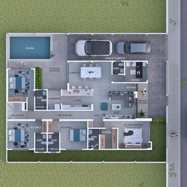 Render interior primer piso_ Diseño casa moderna Los Rosales