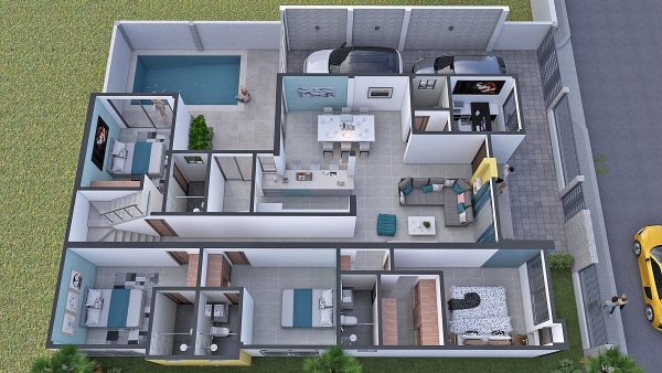 Render interior, perspectiva aérea 1_ Diseño casa moderna Los Rosales