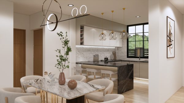 Render interior comedor y cocina 1_ Diseño casa campestre Álamos