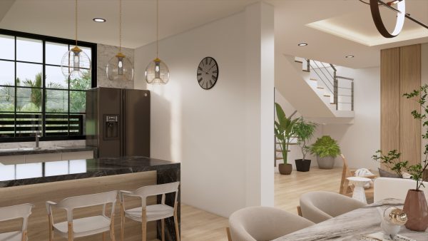 Render interior comedor y cocina 2_ Diseño casa campestre Álamos