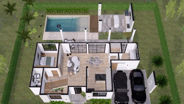 Render interior perspectiva aérea primer piso_ Diseño casa campestre Álamos