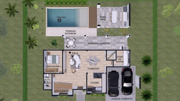 Render interior planta primer piso_ Diseño casa campestre Álamos
