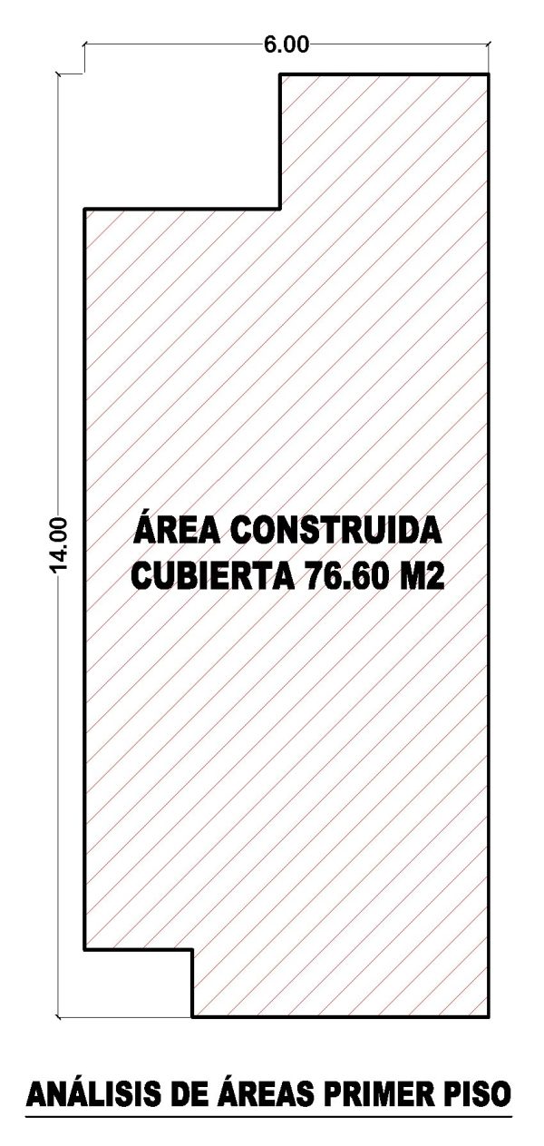 Análisis de área, primer piso, Diseño casa moderna unifamiliar 6x14