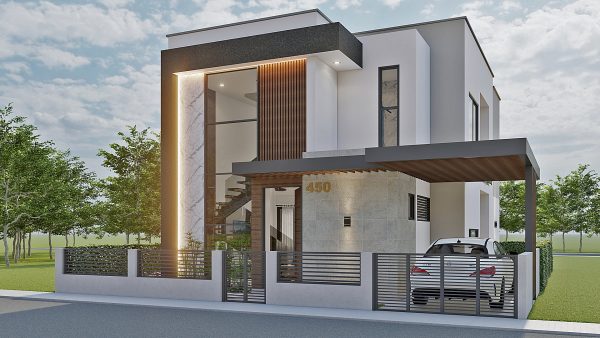 Render Fachada principal_ Diseño casa moderna Serrania
