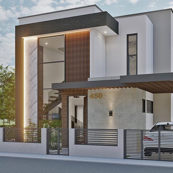 Render Fachada principal_ Diseño casa moderna Serrania