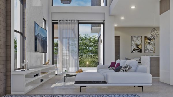 Render interior sala_ Diseño casa moderna Serrania