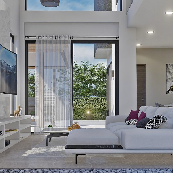 Render interior sala_ Diseño casa moderna Serrania