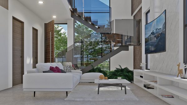Render interior sala_ Diseño casa moderna Serrania