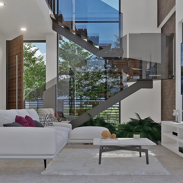 Render interior sala_ Diseño casa moderna Serrania