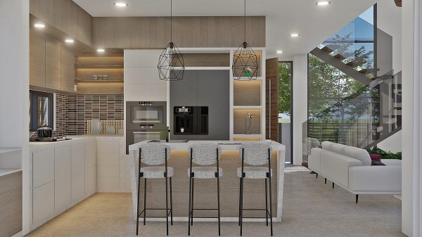 Render interior cocina_ Diseño casa moderna Serrania