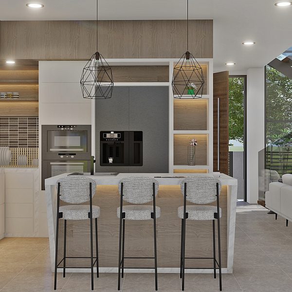 Render interior cocina_ Diseño casa moderna Serrania