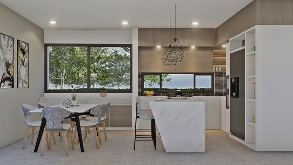 Render interior cocina y comedor_ Diseño casa moderna Serrania