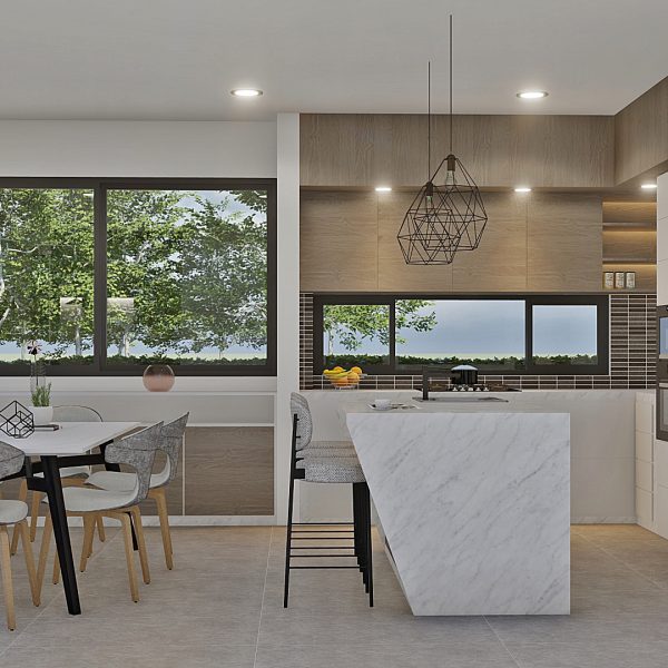 Render interior cocina y comedor_ Diseño casa moderna Serrania