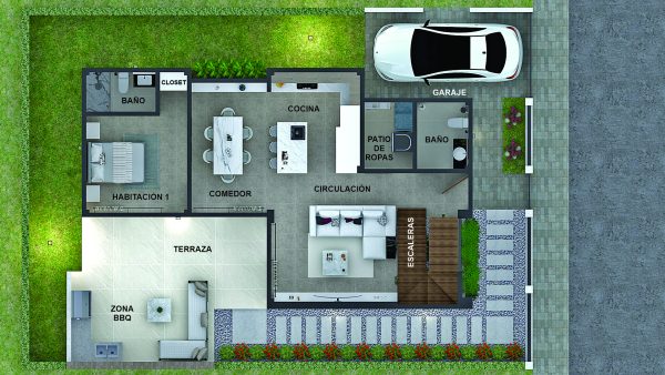 Render planta primer piso_ Diseño casa moderna Serrania