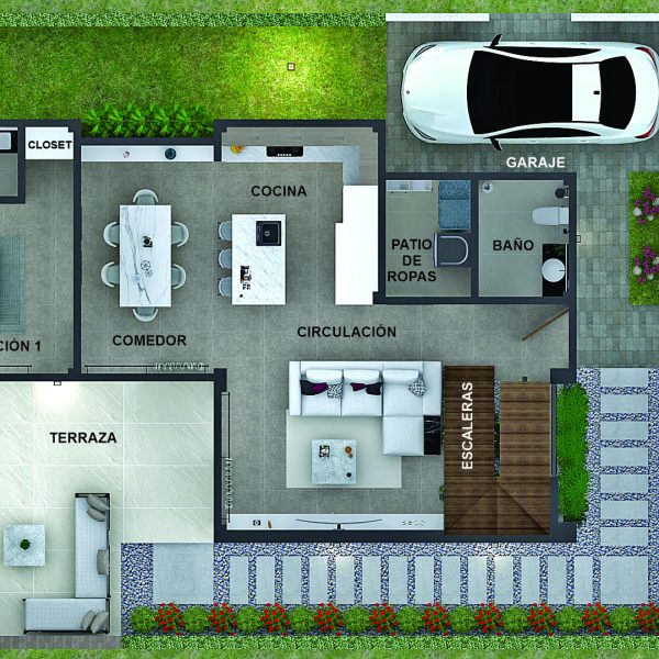 Render planta primer piso_ Diseño casa moderna Serrania