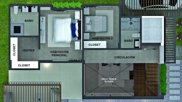 Render planta segundo piso_ Diseño casa moderna Serrania