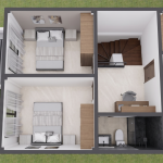 Render planta segundo piso habitaciones, Diseño casa moderna unifamiliar