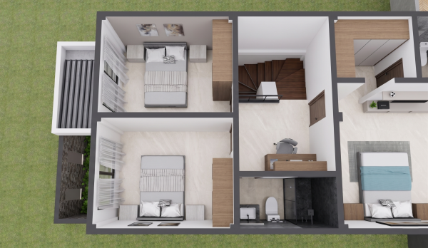 Render planta segundo piso habitaciones, Diseño casa moderna unifamiliar