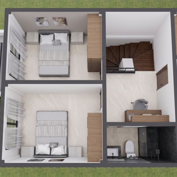 Render planta segundo piso habitaciones, Diseño casa moderna unifamiliar