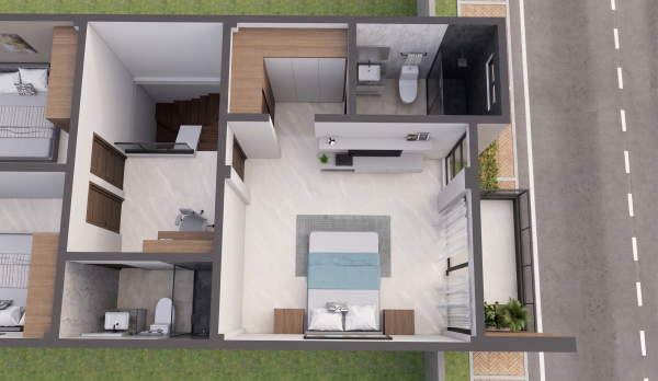 Render planta segundo piso habitación principal, Diseño casa moderna unifamiliar