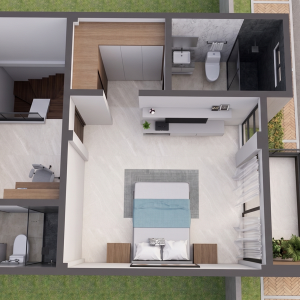 Render planta segundo piso habitación principal, Diseño casa moderna unifamiliar