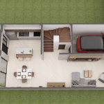 Render planta primer piso, Diseño casa moderna unifamiliar