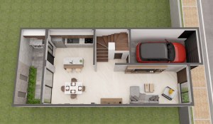 Render planta primer piso, Diseño casa moderna unifamiliar