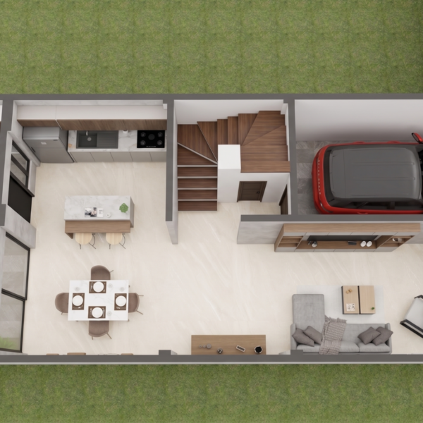 Render planta primer piso, Diseño casa moderna unifamiliar