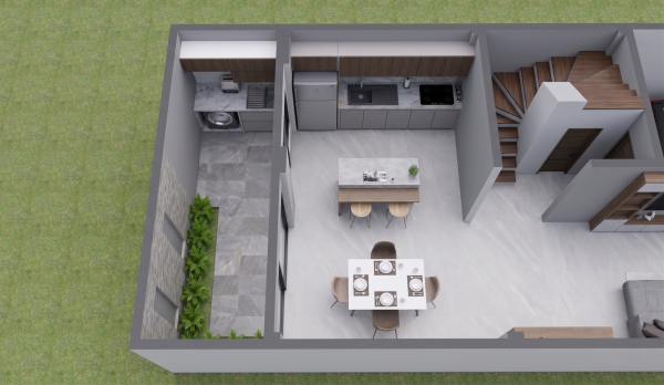 Render planta primer piso cocina, comedor y lavandería, Diseño casa moderna unifamiliar