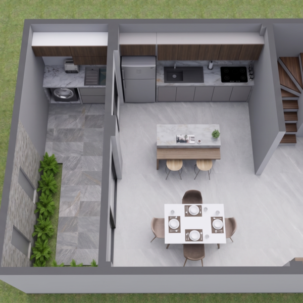 Render planta primer piso cocina, comedor y lavandería, Diseño casa moderna unifamiliar