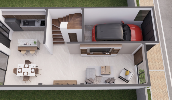 Render planta primer piso entrada, comedor y lavandería, Diseño casa moderna unifamiliar