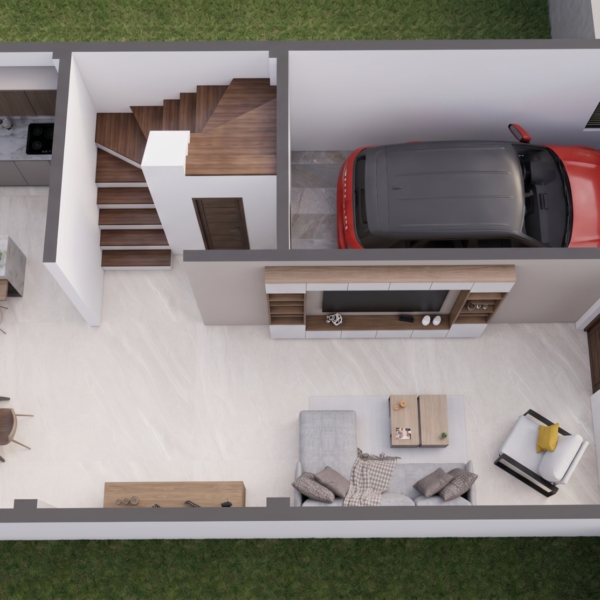 Render planta primer piso entrada, comedor y lavandería, Diseño casa moderna unifamiliar