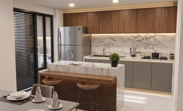 Render interior cocina, Diseño casa moderna unifamiliar
