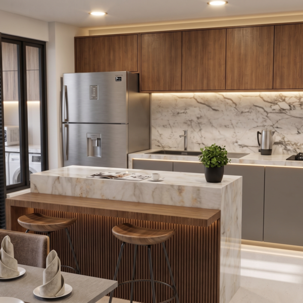 Render interior cocina, Diseño casa moderna unifamiliar