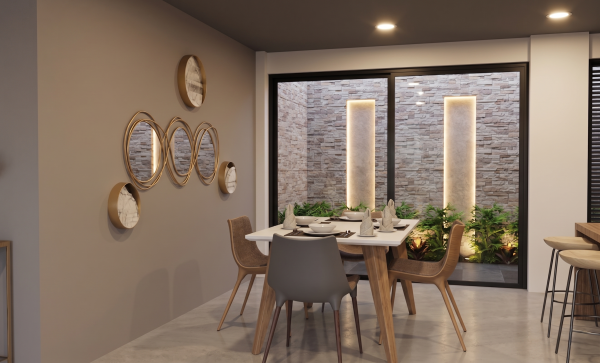Render interior sala, Diseño casa moderna unifamiliar