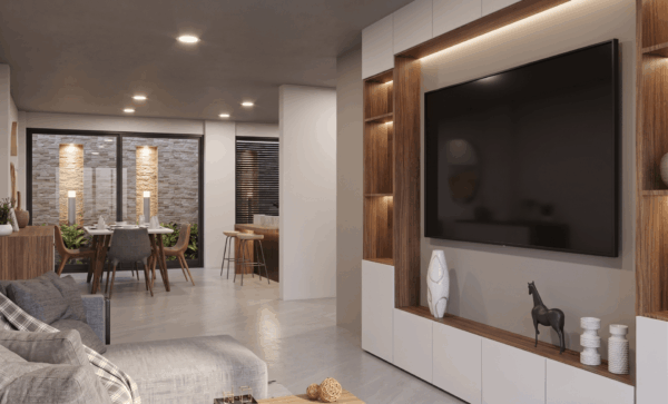 Render interior sala, Diseño casa moderna unifamiliar