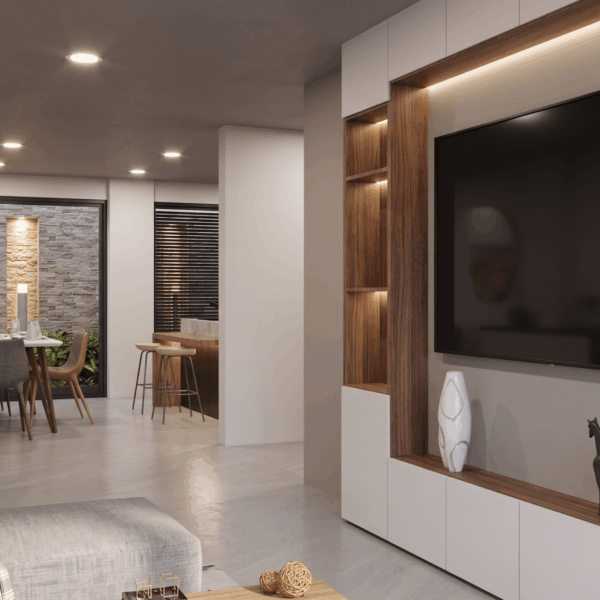 Render interior sala, Diseño casa moderna unifamiliar