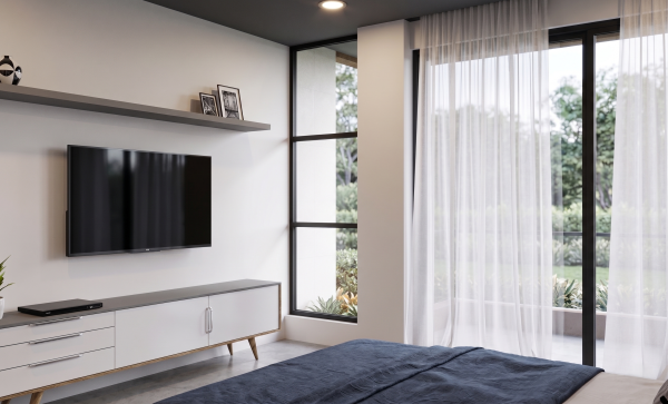 Render interior habitación, Diseño casa moderna unifamiliar