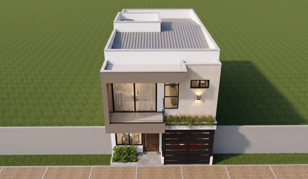 Render perspectiva aérea 1, Diseño casa moderna unifamiliar