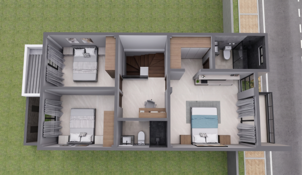 Render planta segundo piso, Diseño casa moderna unifamiliar