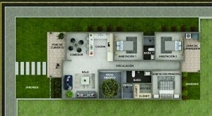 Render interior, planta arquitectónica con nombres_ Diseño casa pequeña El Oasis